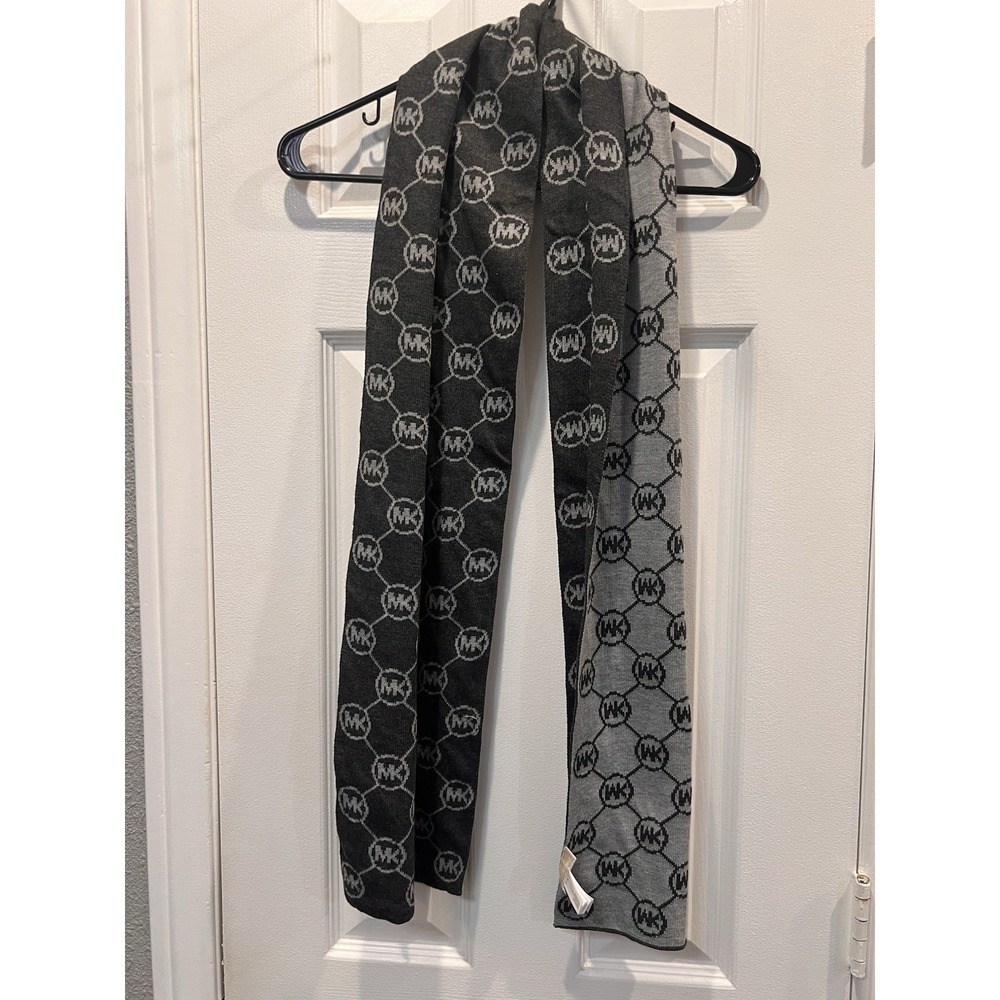 Michael Kors Scarf MK All Over Monogram Logo Print Knit Black & Gray